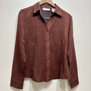 ✨$7 CLEAR-OUT✨ Lemon Grass Vintage Suede Button Down Long Sleeve Shirt Top Brown